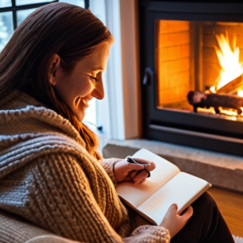 Home 11 **
A person sitting comfortably in a cozy armchair by a warm fireplace, journaling with a gentle smile. Soft, warm lighting creates a sense of peace and tranquility. The journal is open, and a pen rests on the page. Include elements suggesting reflection, such as a steaming mug of tea and a window overlooking a serene winter landscape.
**