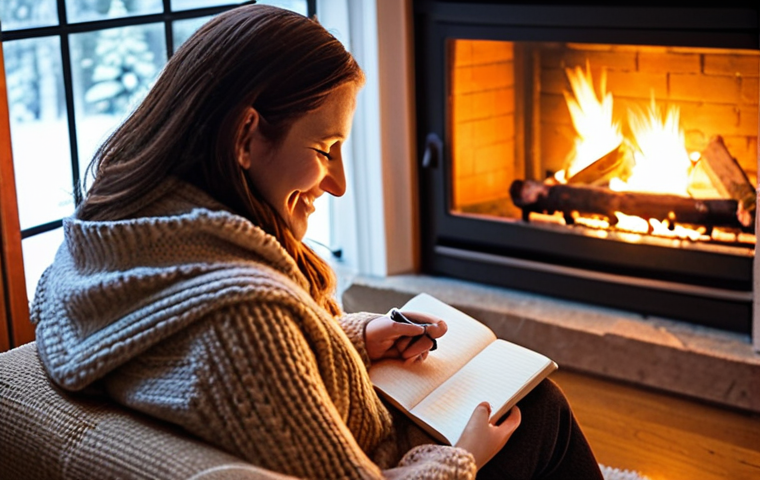 **
A person sitting comfortably in a cozy armchair by a warm fireplace, journaling with a gentle smile. Soft, warm lighting creates a sense of peace and tranquility. The journal is open, and a pen rests on the page. Include elements suggesting reflection, such as a steaming mug of tea and a window overlooking a serene winter landscape.
**