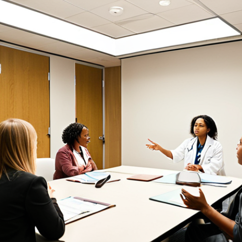 **Image Prompt:** A diverse group of healthcare professionals participating in a narrative medicine workshop, focusing intently on a speaker. The setting is a modern, brightly lit conference room. The speaker is gesturing empathetically. Soft, natural lighting. Emphasis on creating a scene that conveys learning, collaboration, and a humanistic approach to medicine.