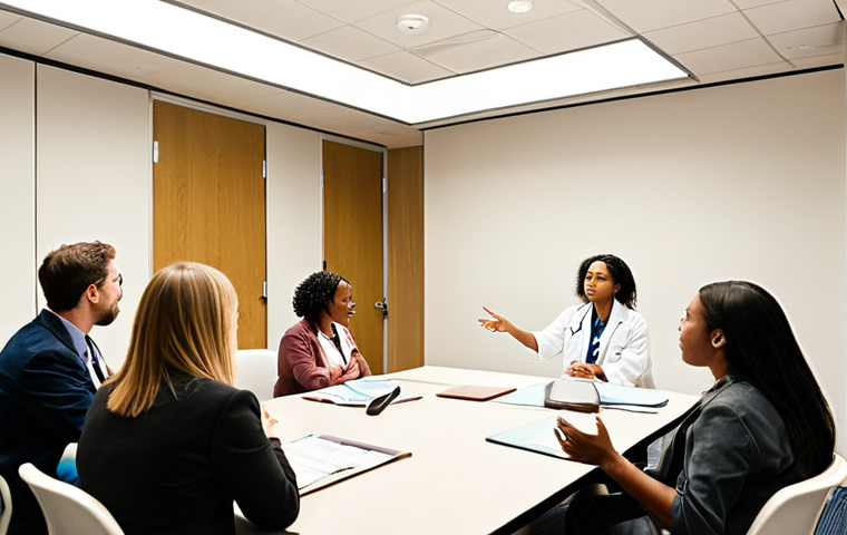 **Image Prompt:** A diverse group of healthcare professionals participating in a narrative medicine workshop, focusing intently on a speaker. The setting is a modern, brightly lit conference room. The speaker is gesturing empathetically. Soft, natural lighting. Emphasis on creating a scene that conveys learning, collaboration, and a humanistic approach to medicine.