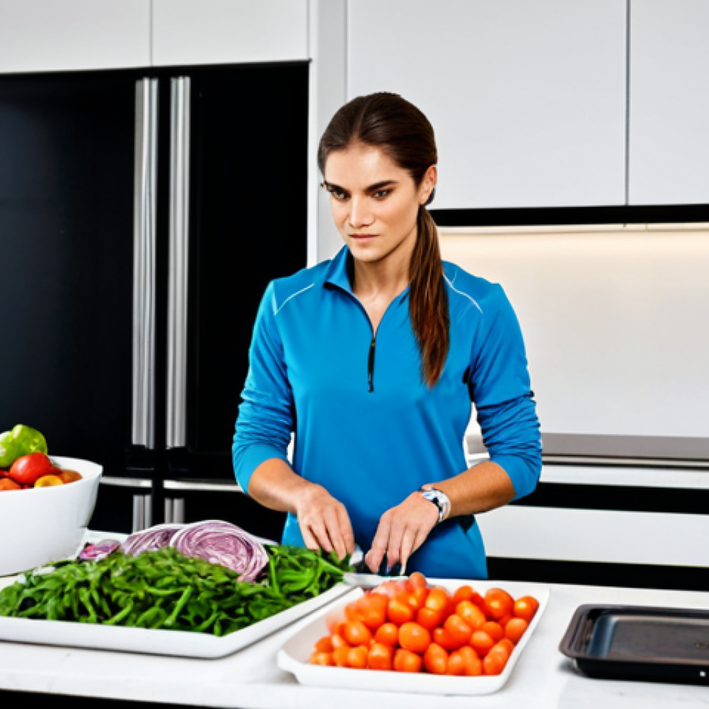 **Disciplined Achiever:** "A woman in professional athletic wear, meticulously meal prepping in a clean, modern kitchen, surrounded by organized containers of healthy food, fully clothed, safe for work, perfect anatomy, natural proportions, professional photography, high quality, appropriate content, modest clothing, professional."