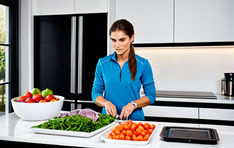 **Disciplined Achiever:** "A woman in professional athletic wear, meticulously meal prepping in a clean, modern kitchen, surrounded by organized containers of healthy food, fully clothed, safe for work, perfect anatomy, natural proportions, professional photography, high quality, appropriate content, modest clothing, professional."