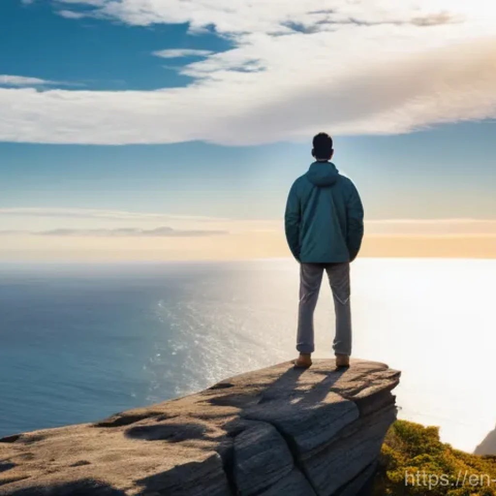 내러티브 건강법과 신앙의 역할 - **Prompt:** A serene, gender-neutral figure stands firmly on a rugged cliff overlooking a vast, calm...