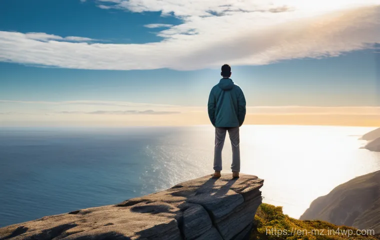 내러티브 건강법과 신앙의 역할 - **Prompt:** A serene, gender-neutral figure stands firmly on a rugged cliff overlooking a vast, calm...