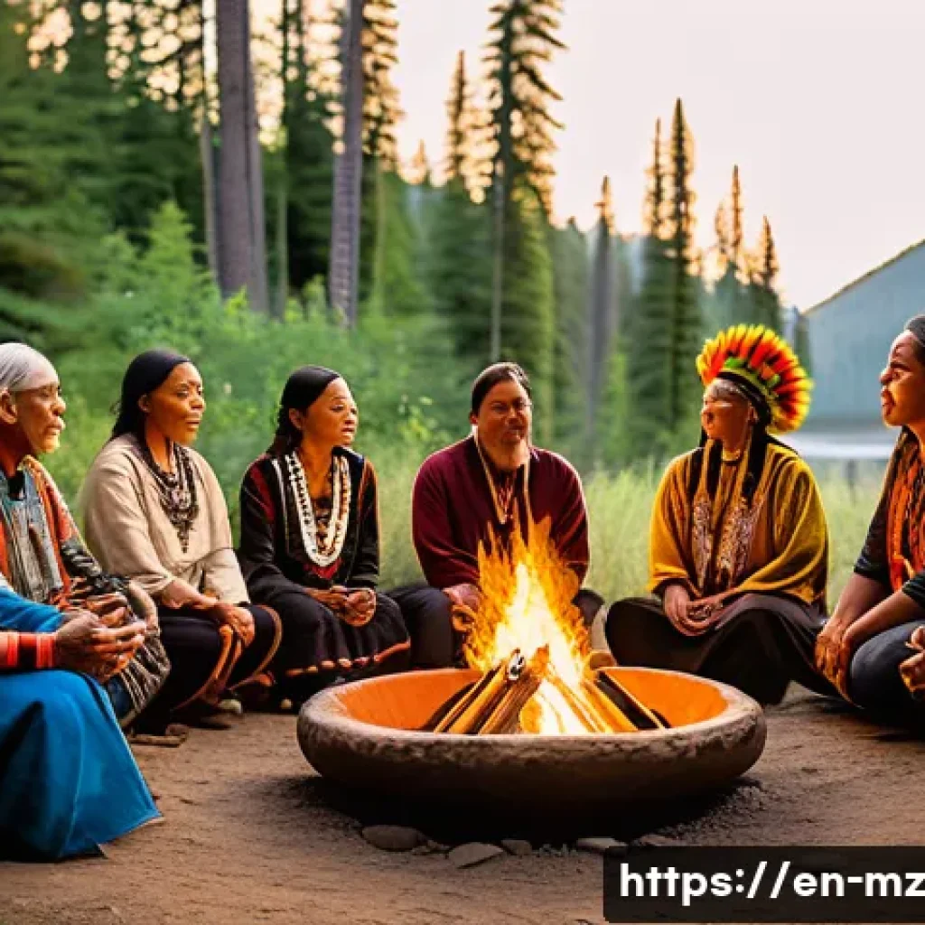내러티브 건강법의 문화적 적용 사례 - A vibrant Indigenous healing circle set outdoors in a lush forest clearing during golden hour, featu...