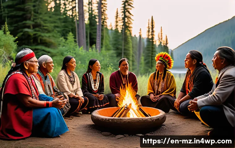 내러티브 건강법의 문화적 적용 사례 - A vibrant Indigenous healing circle set outdoors in a lush forest clearing during golden hour, featu...
