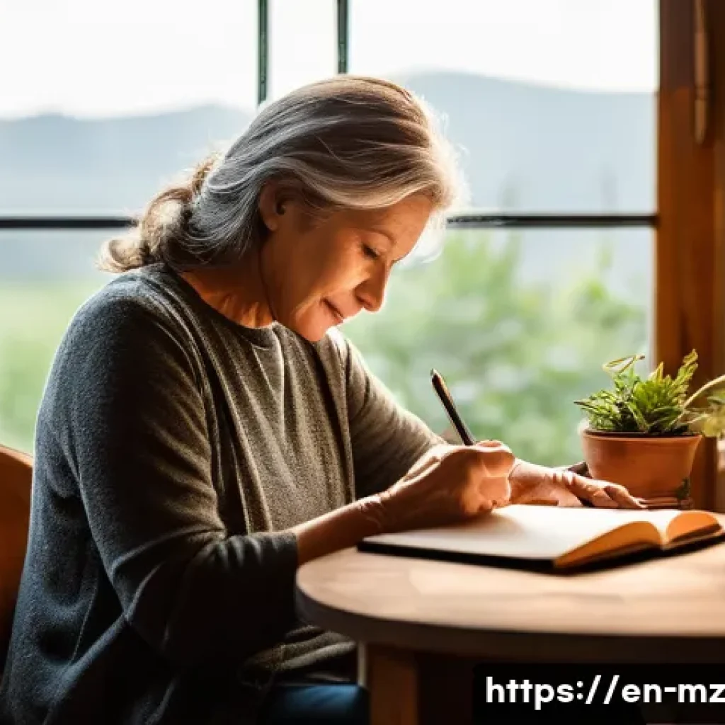 내러티브 건강법의 신체적 이점 - A peaceful, cozy indoor scene showing a middle-aged woman sitting comfortably in a softly lit room, ...