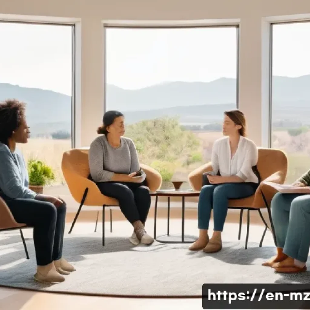 내러티브 건강법의 확장성과 진화 - A warm, inviting therapy room scene with a diverse group of adults sitting in a circle sharing perso...