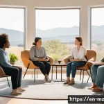 내러티브 건강법의 확장성과 진화 - A warm, inviting therapy room scene with a diverse group of adults sitting in a circle sharing perso...