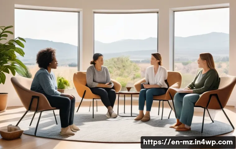 내러티브 건강법의 확장성과 진화 - A warm, inviting therapy room scene with a diverse group of adults sitting in a circle sharing perso...