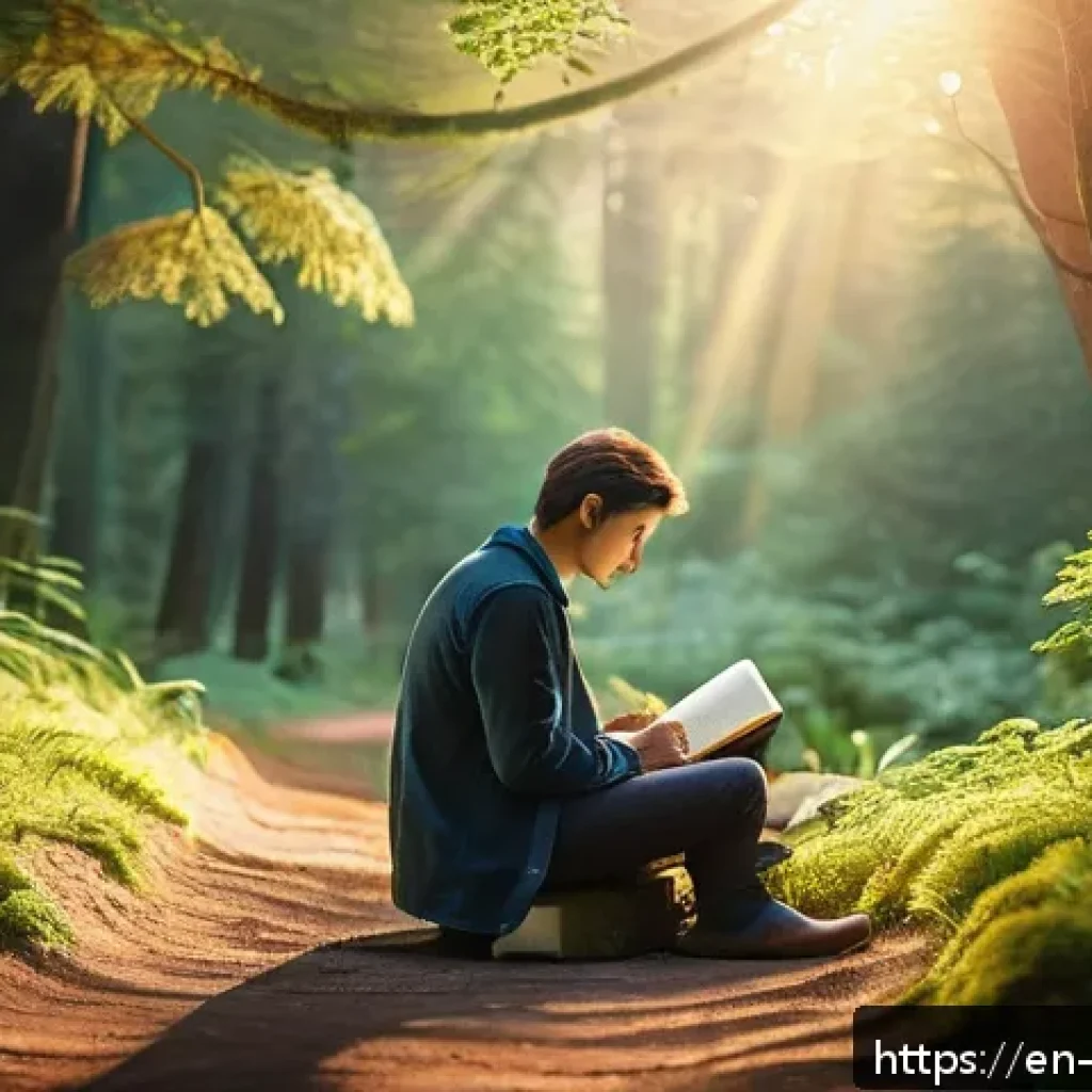 내러티브 건강법과 인생의 전환점 - A serene scene of a person sitting peacefully on a forest path at dawn, journaling in a leather-boun...