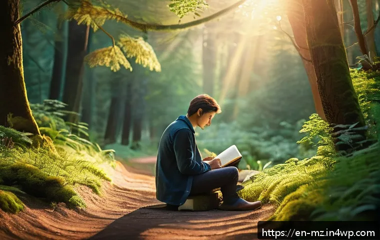 내러티브 건강법과 인생의 전환점 - A serene scene of a person sitting peacefully on a forest path at dawn, journaling in a leather-boun...