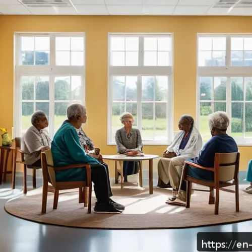 내러티브 건강법에서 찾는 의미 - A warm, inviting community health center room where a diverse group of adult patients, dressed in ca...