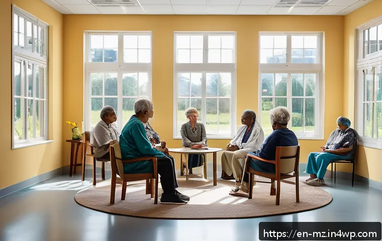 내러티브 건강법에서 찾는 의미 - A warm, inviting community health center room where a diverse group of adult patients, dressed in ca...