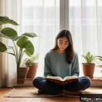 내러티브 건강법의 직관적 사용 - A serene scene of a young woman sitting cross-legged on a wooden floor in a softly lit room, journal...