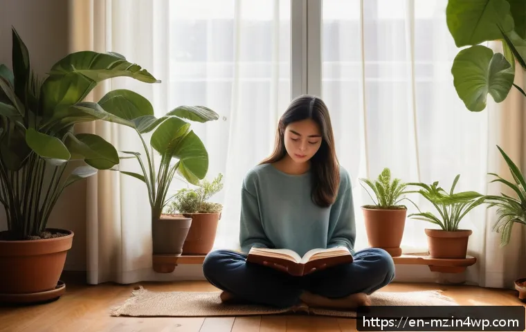 내러티브 건강법의 직관적 사용 - A serene scene of a young woman sitting cross-legged on a wooden floor in a softly lit room, journal...