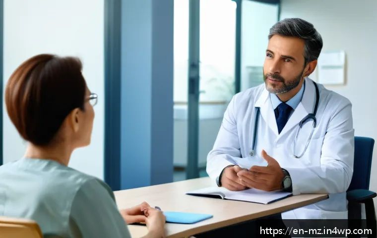 내러티브 건강법의 교육적 활용 - A compassionate doctor attentively listening to a middle-aged patient sharing their personal health ...