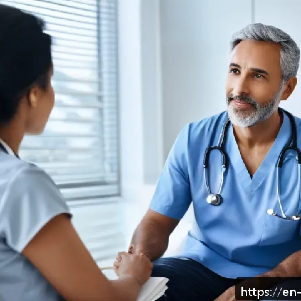 내러티브 건강법을 통한 문제 해결 방법 - A warm, inviting healthcare consultation scene showing a diverse middle-aged patient and a compassio...