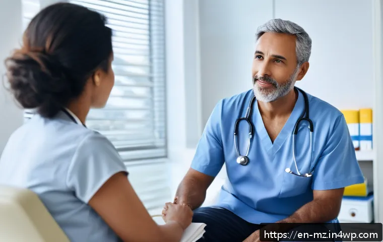 내러티브 건강법을 통한 문제 해결 방법 - A warm, inviting healthcare consultation scene showing a diverse middle-aged patient and a compassio...