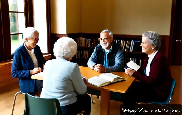 Home 17 내러티브 건강법의 사회적 영향력 - Photorealistic community wellness gathering in a bright public library meeting room, diverse adults ...