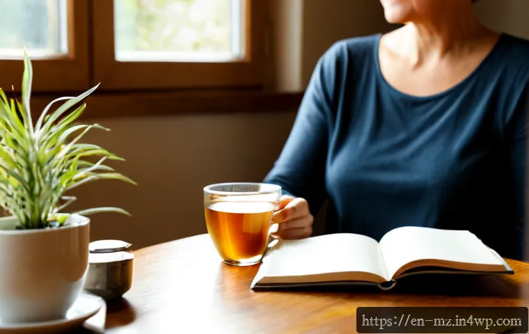 Home 17 내러티브 건강법의 기대 효과 - Photorealistic wellness lifestyle scene of a relaxed middle-aged woman sitting beside a sunny window...